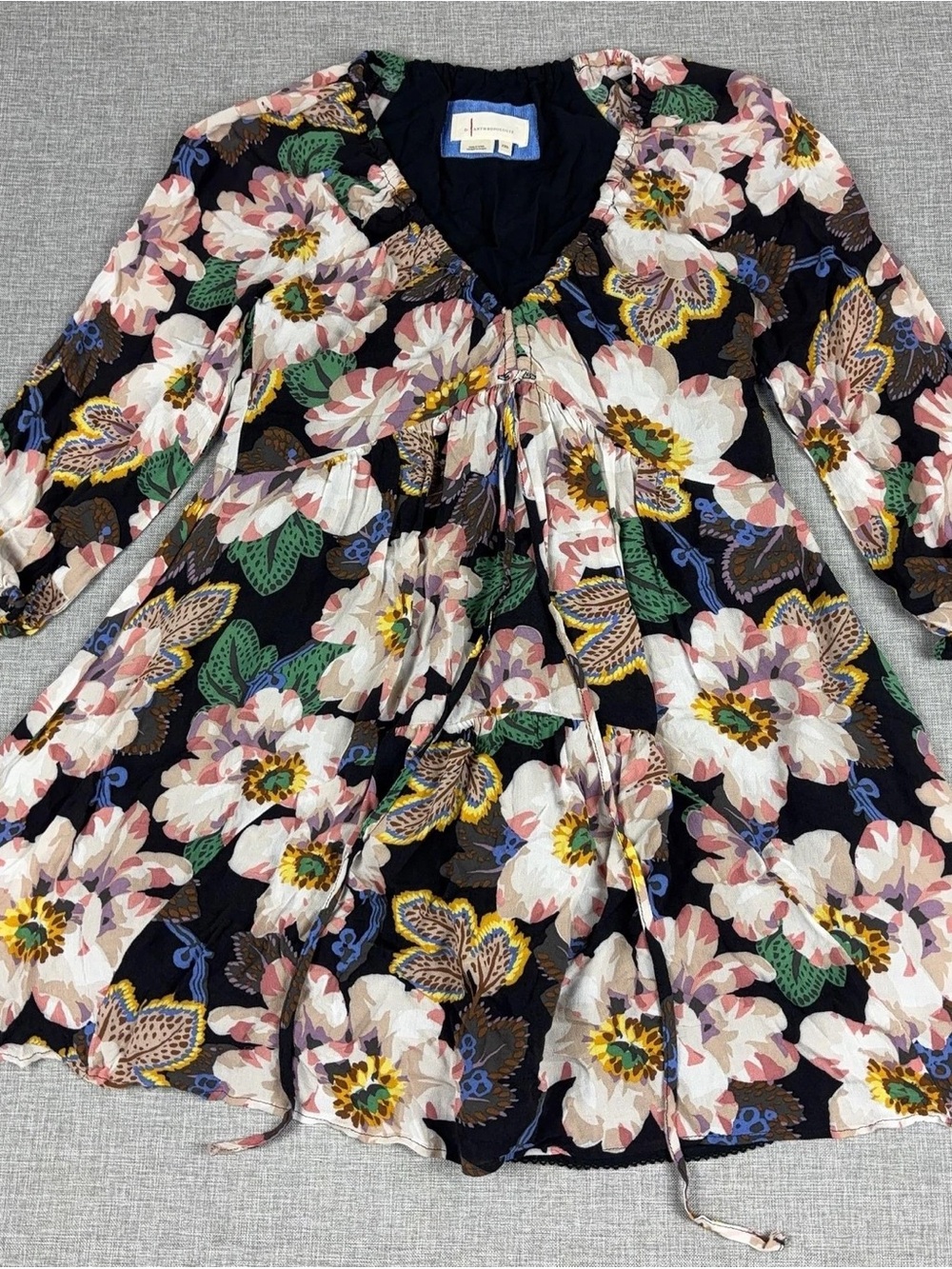 H&M Black Floral V-Neck Tie-Front Prom Dress with Pink, Green & Yellow Accents